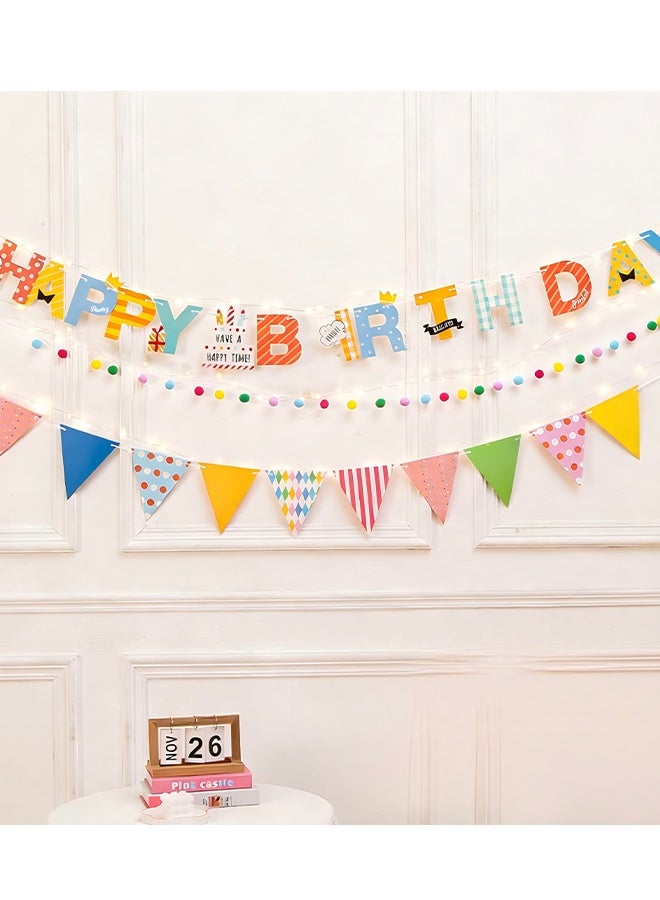 Happy D Birthday decoration banner, 3-piece set, featuring a “Happy Birthday” design and colorful balloon banner. Comes with lights, perfect for birthday parties. Length: (500 cm). - Image 2